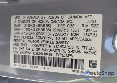 2021 Honda Cr-V 2Wd Ex z USA, uszkodzony, nr VIN 2HKRW1H52MH418418